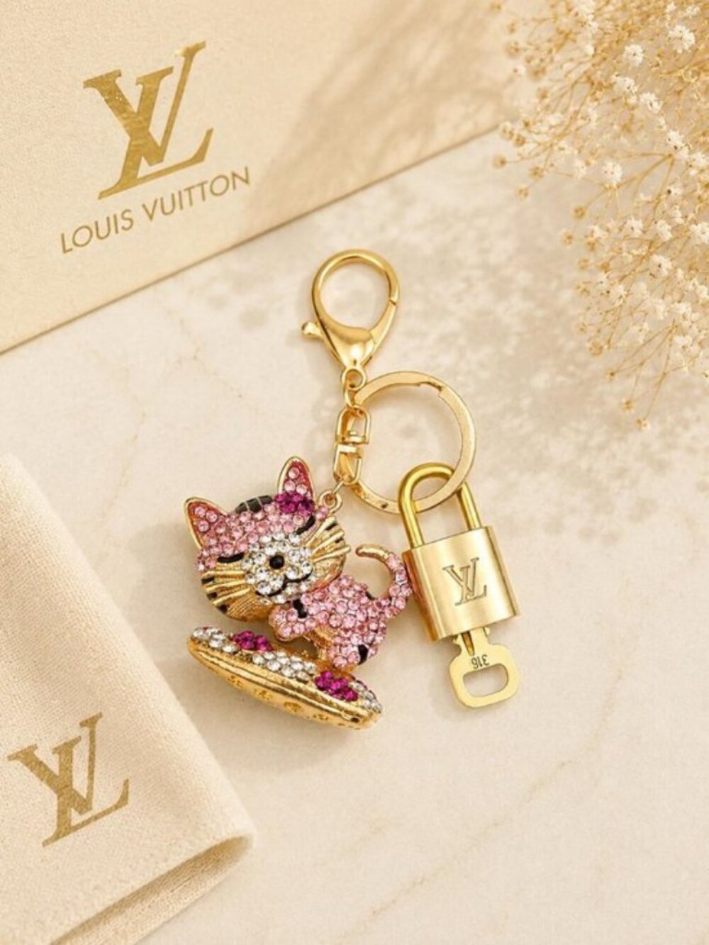Louis Vuitton Gold Padlock Key 🔒 Authentic LV Charm + Unbranded Cat Keychain
